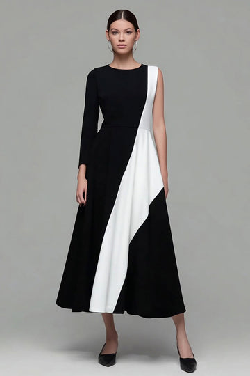 Black and White Jewel Neck A Line Work Dress With Sleeves